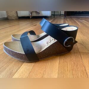Blowfish black and cork wedge sandal, size 11